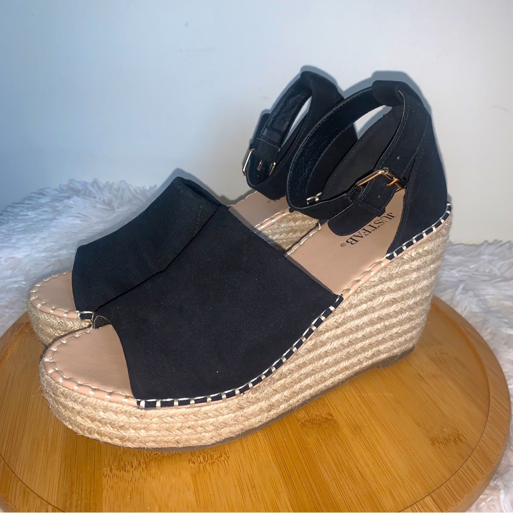 Just Fab Macy Espadrille Wedge Size 9 Black & Straw Weave Strappy